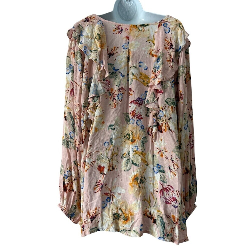 Haute Hippie Tribe Blouse 3X Pink Floral Ruffle Tie-Neck Boho Peasant Cottage - Picture 2 of 8